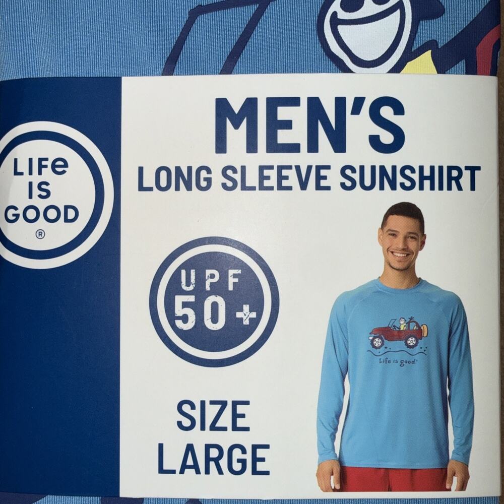 Men’s LIFE Is GOOD Blue Long Sleeve Sun Shirt UPF 50+. Size Large NEW